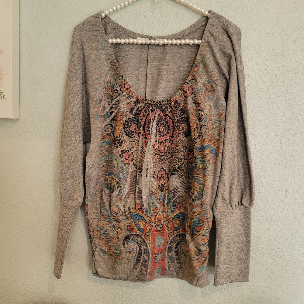 American Rag Women's Long SleeveTop Scoop Neck Ruched Sides Gray